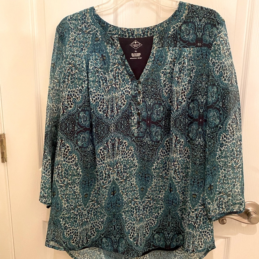 Teal and blue print gauze lined tunic top